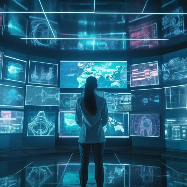 Advanced security operations centre with multiple surveillance screens – ZimCos Security UK monitoring and threat detection systems.