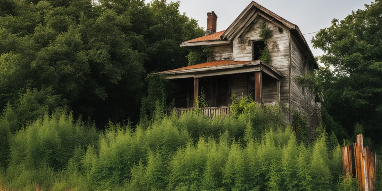 Illustrative image of an empty building surrounded by overgrown vegetation