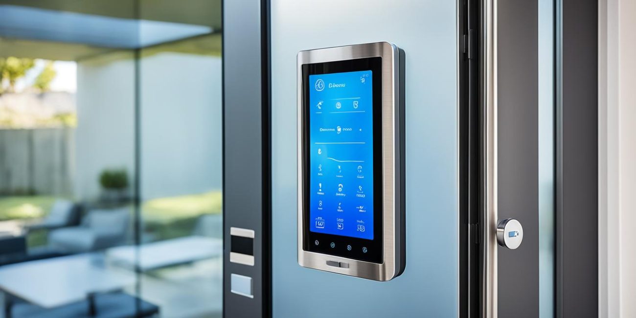 Illustrative electronic door-entry keypad beside a glass door