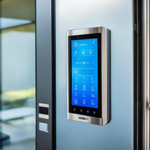Illustrative electronic door-entry keypad beside a glass door