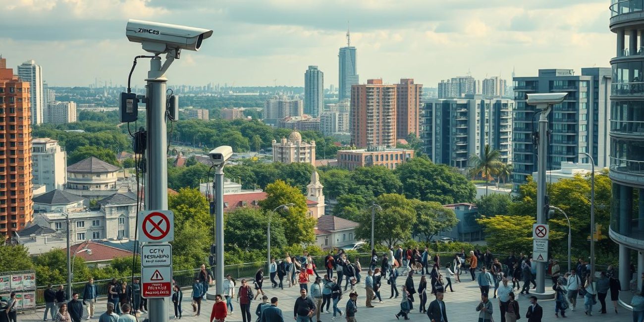 Illustrative CCTV camera overlooking a public square and buildings