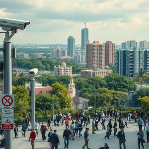 Illustrative CCTV camera overlooking a public square and buildings