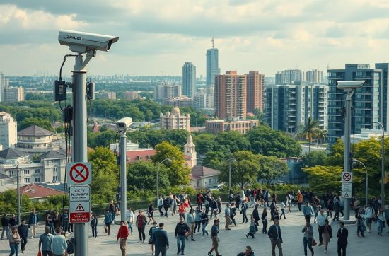 Illustrative CCTV camera overlooking a public square and buildings