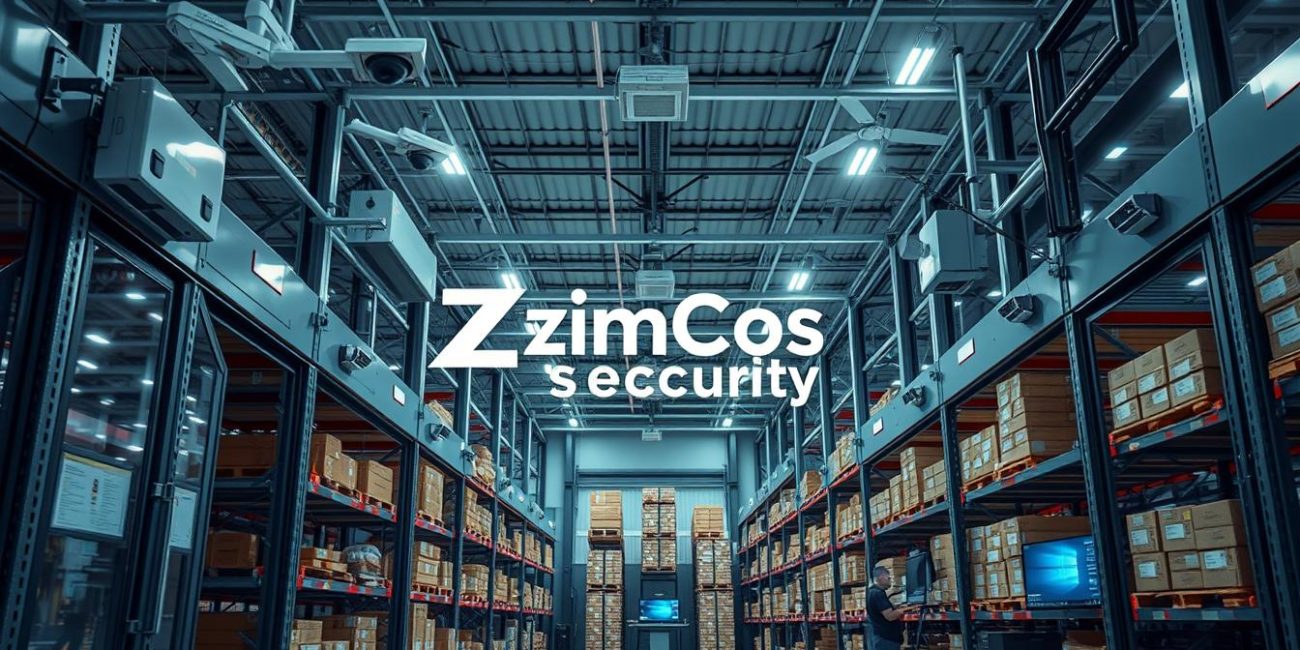 Illustrative warehouse aisle with CCTV cameras and monitoring screens