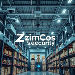 Illustrative warehouse aisle with CCTV cameras and monitoring screens
