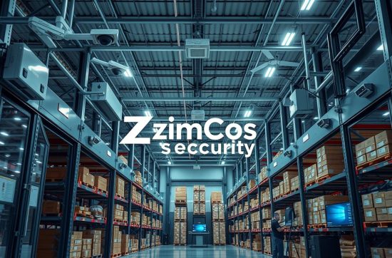 Illustrative warehouse aisle with CCTV cameras and monitoring screens